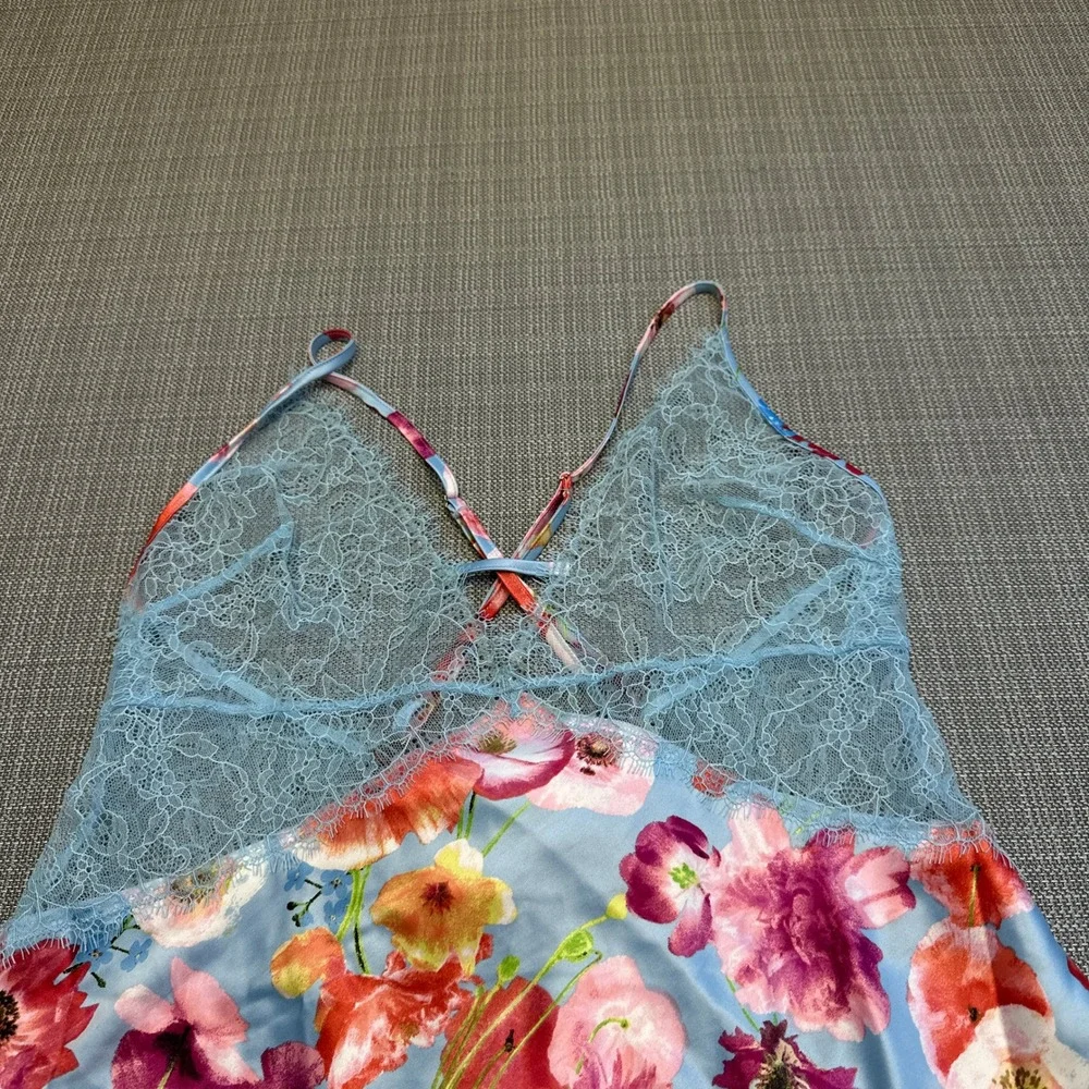 Victorias Secret Babydoll Large Light Blue Floral Lace Chemise‎ Nightgown Slip